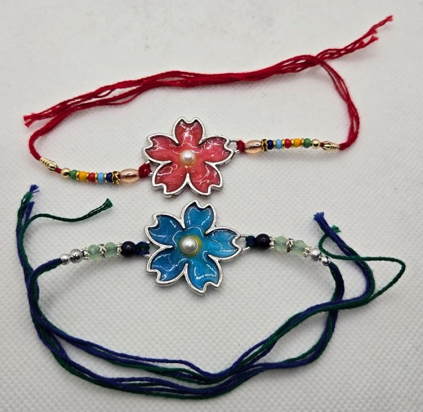 UV Resin flower Rakhi – Red amp Blue Designer Rakhi Set of 2