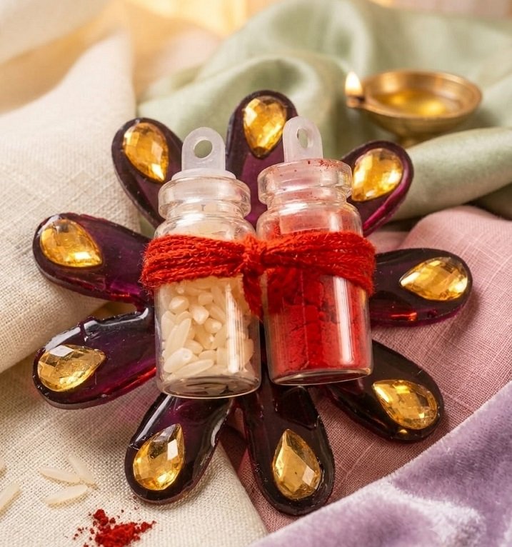 Royal Kundan Pearl Rakhi with Roli Chawal Bottle Set