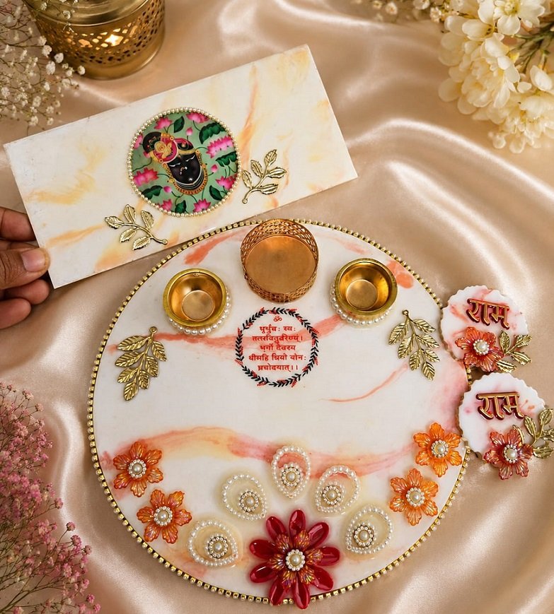 Handcrafted Pearl amp Floral Rakhi Pooja Thali Hamper with Shagun Envelope