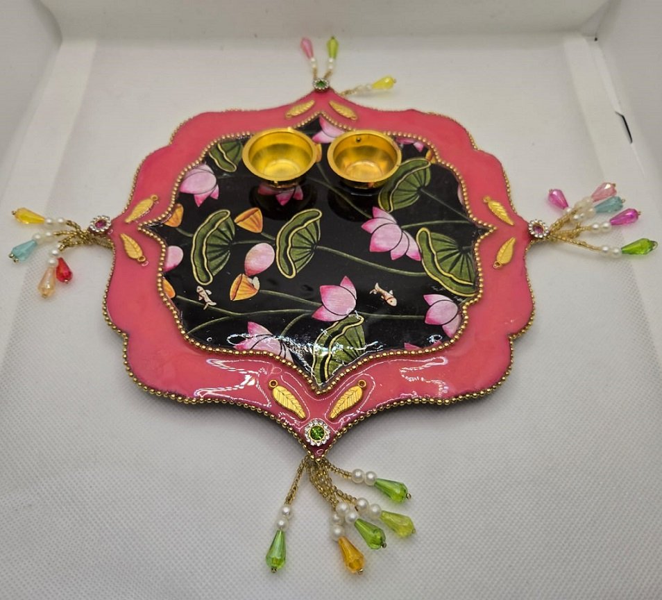 Handcrafted Pink Lotus 8 inch Pooja Thali with Pearl amp Colorful Beadwork