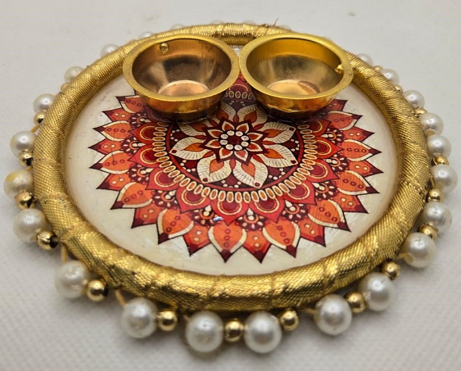 Handcrafted Golden Pearl Mandala 4 inch Round Pooja Thali 