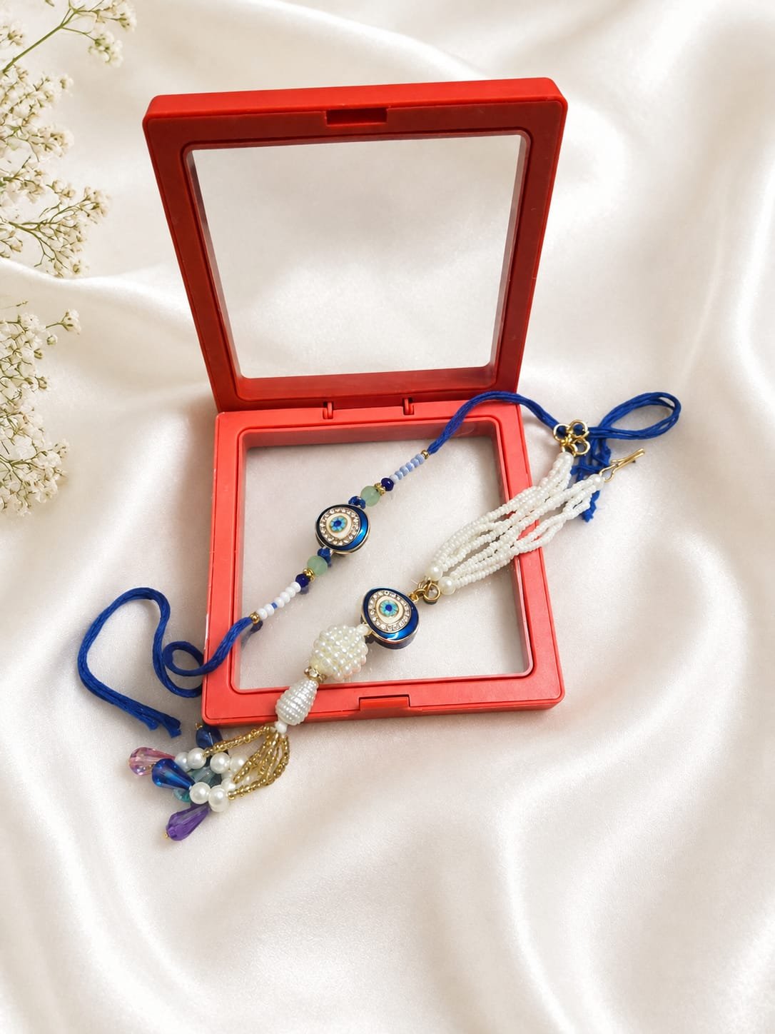 Evil Eye Pearl Rakhi Lumba Set - Blue amp White Beaded Rakhi